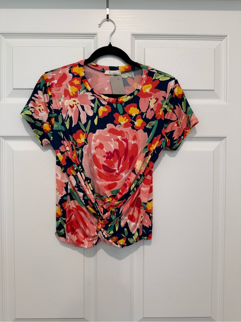 Twist-Front Floral Short Sleeve Tee - Navy/Pink
